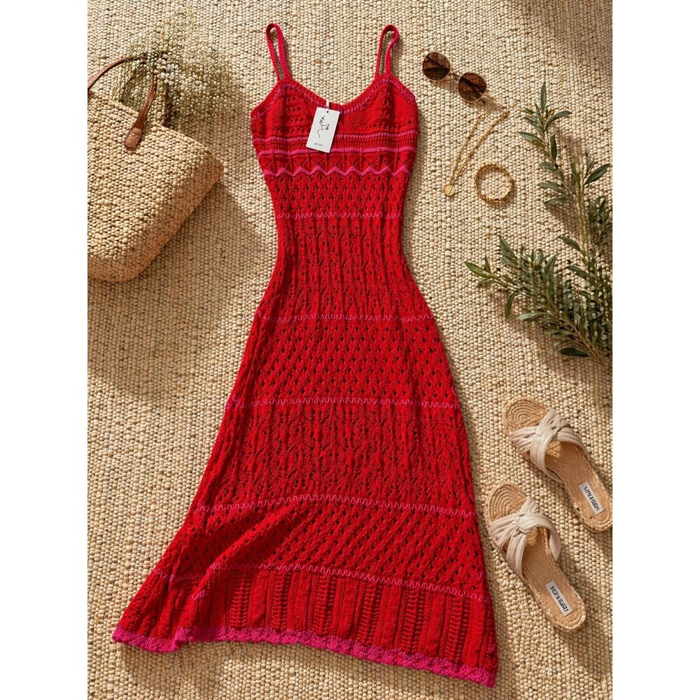 Red Crochet Knit Maxi Dress Pink Trim Boho Beach Cover Up Size Large